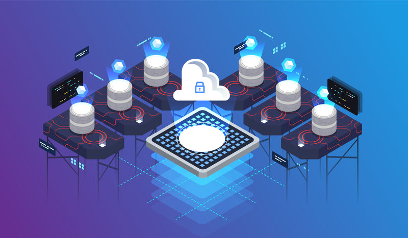 等距设计概念虚拟现实和增强现实。软件开发和编程。大数据中心计算、信息处理、数据库。等距矢量技术