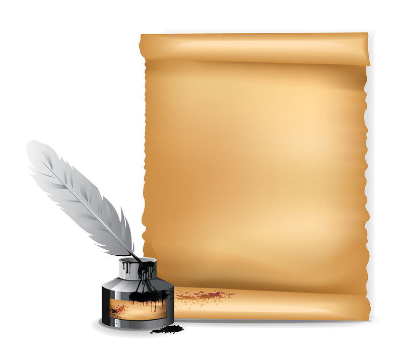 白色背景上有羽毛笔的古卷轴和墨水架