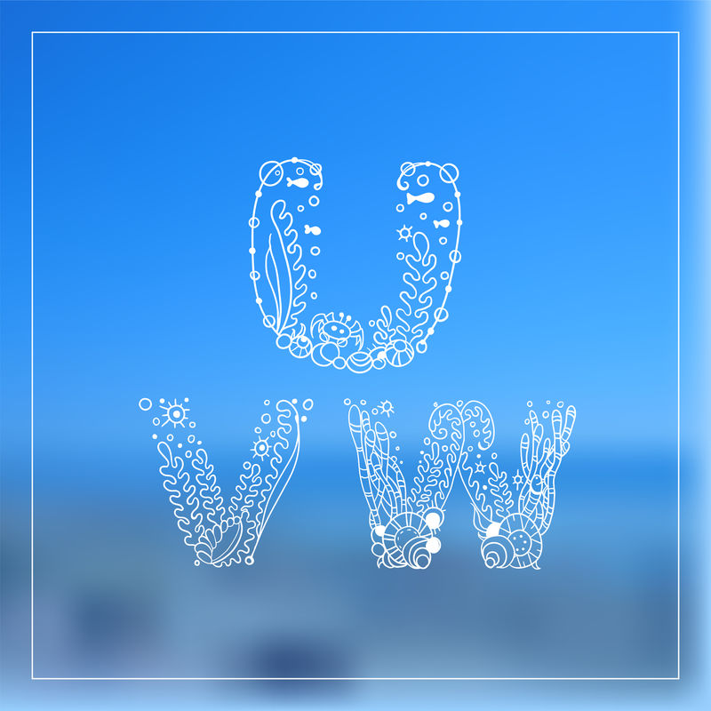 浪漫的海洋-海洋-草药手绘字母-来自矢量海藻-水-贝壳-鱼的复古装饰品-甜美-温柔的花边风格-微型编织-卡片、请柬设计用装饰字体