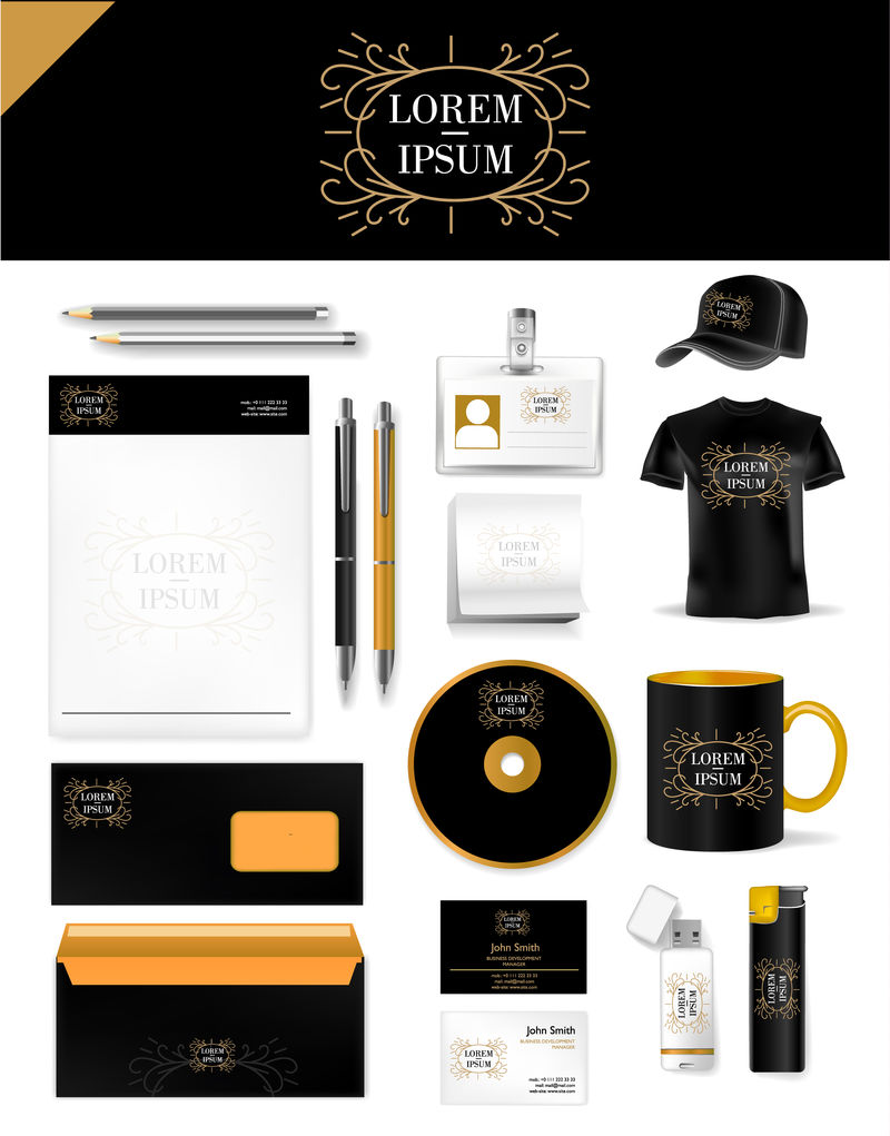 抽象复古标志黑金和企业身份模板现实套杯子-名片-信笺头-信封-驱动器-usb记忆棒和笔-矢量图示