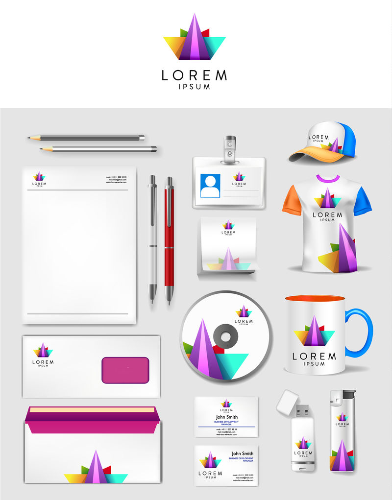 抽象彩色多边形logo、游戏打印或设计工作室和企业标识模板逼真套杯、名片、信笺、usb记忆棒和笔-矢量图示