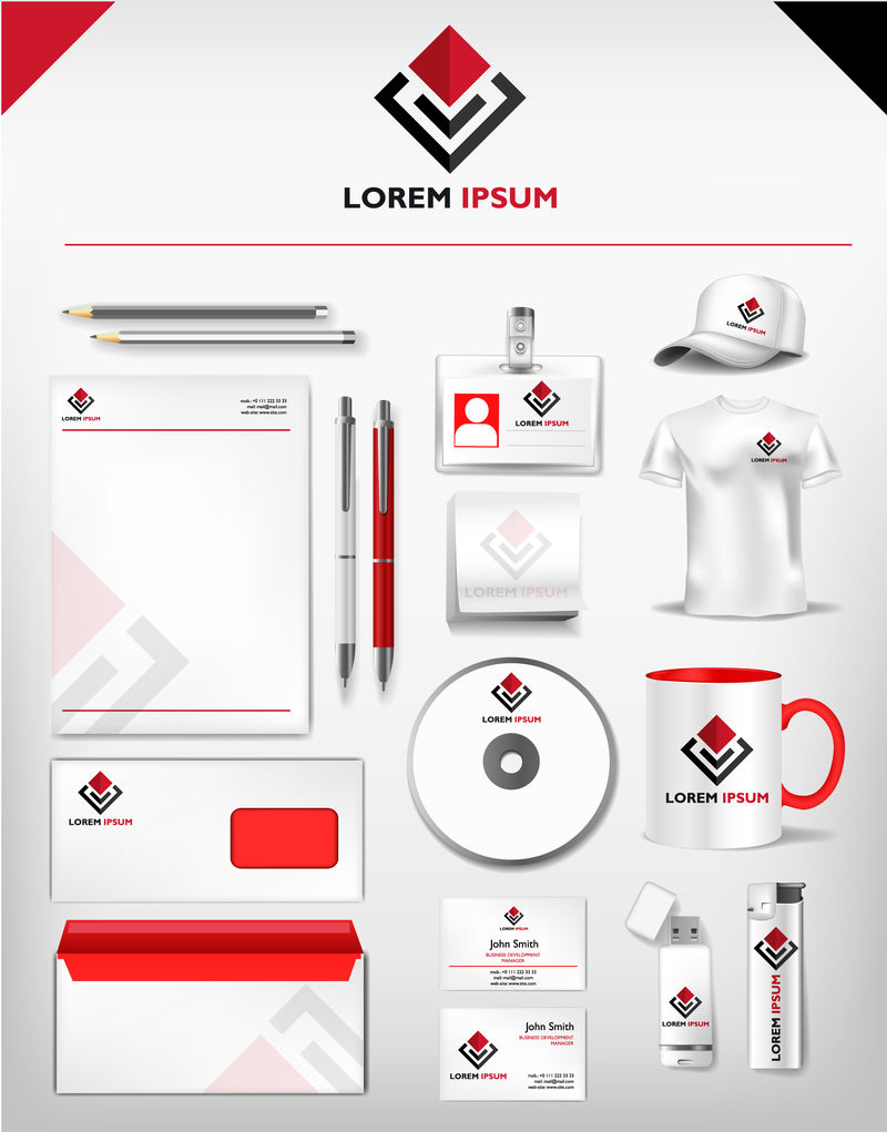抽象的红色和黑色标志和企业身份模板的杯子-名片-信笺-信封-驱动器-USB记忆棒和笔的现实设置-矢量插图