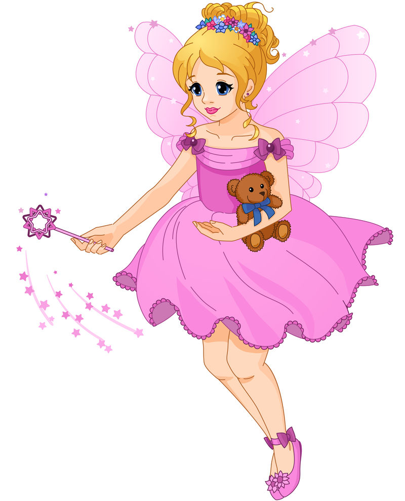 一个可爱的女孩穿着一件紫色的裙子和仙女翅膀的插图。