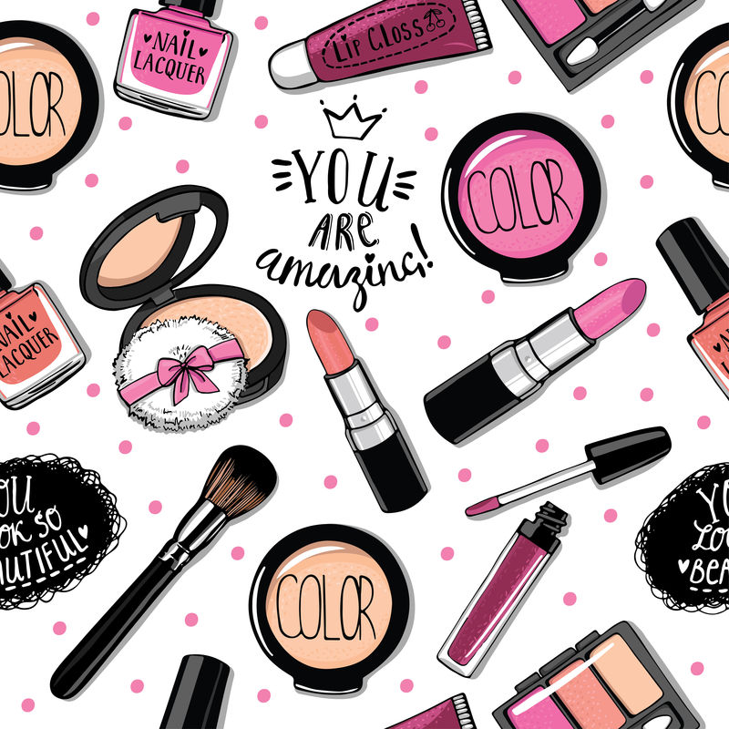 手绘化妆品无缝图案-指甲油-睫毛膏-唇膏-眼影-刷子-粉剂-唇彩-手写字体