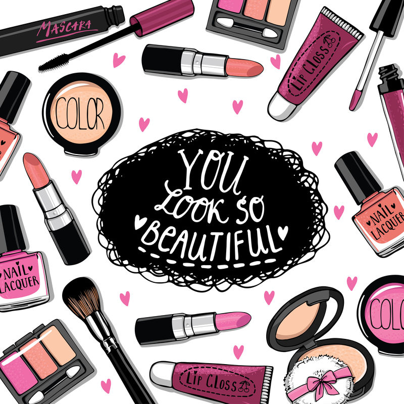 手绘化妆品套装-指甲油-睫毛膏-唇膏-眼影-刷子-粉剂-唇彩-手写字体-粉红的心
