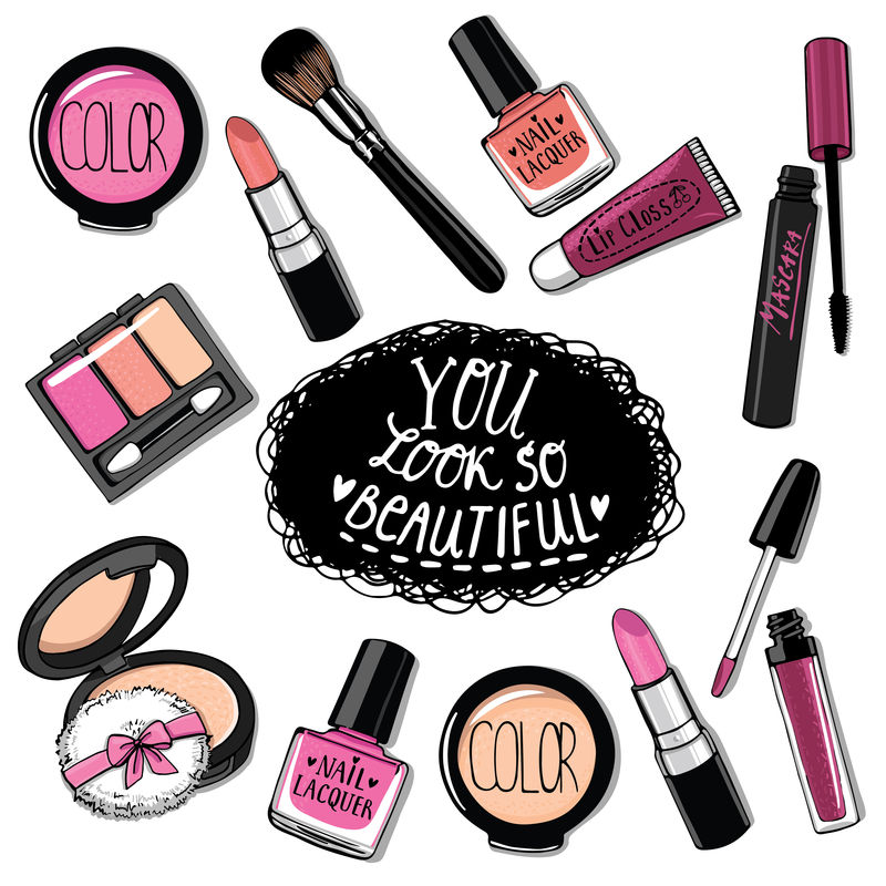 手绘化妆品套装-指甲油-睫毛膏-唇膏-眼影-刷子-粉剂-唇彩-手写字体