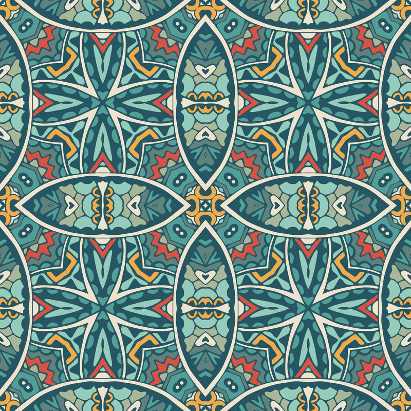 抽象几何瓷砖波希米亚无缝矢量图案装饰-手绘图案