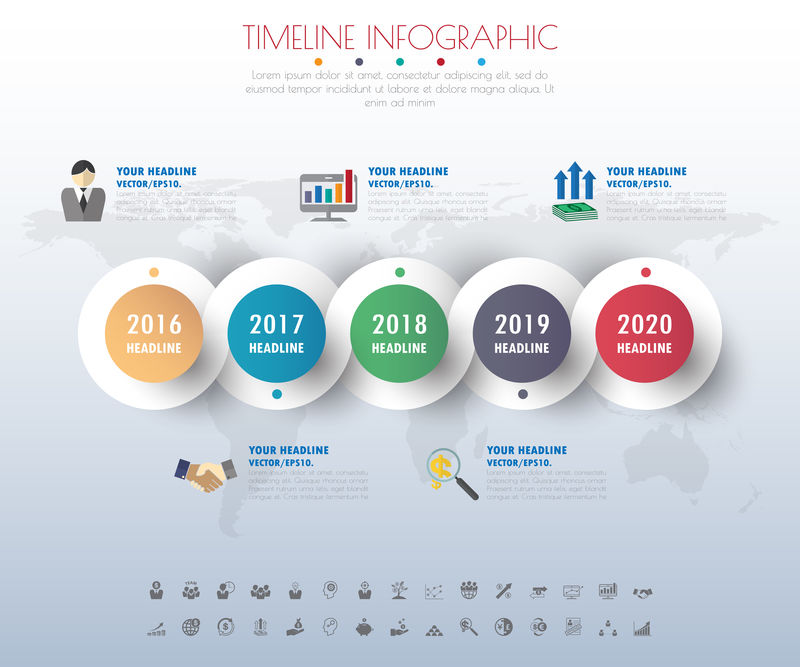 时间轴信息图形与图标集。矢量。插图。