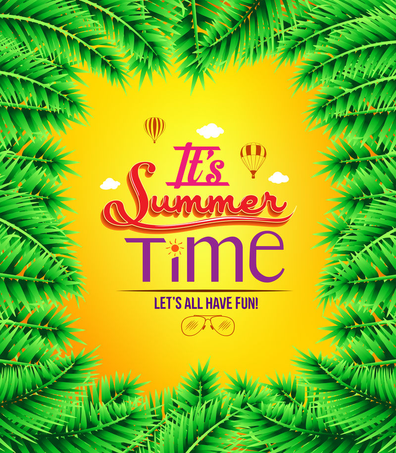 你好夏季印刷插图与淡蓝色背景热带植物-JPG版本