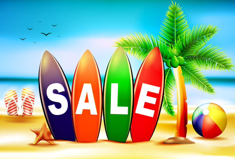 夏季销售矢量横幅设计与丰富多彩的海滩元素-矢量图示