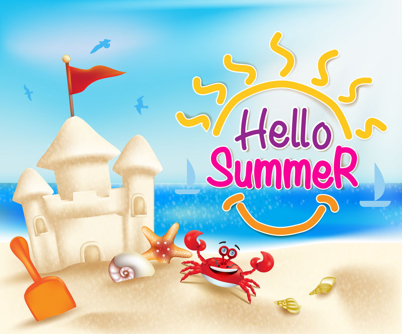 沙滩上沙沙城堡矢量手绘夏季励志词组