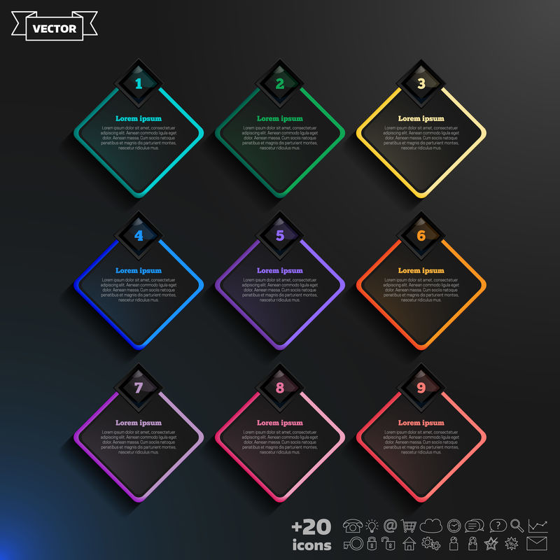 带有彩色菱形的矢量信息图形设计列表。