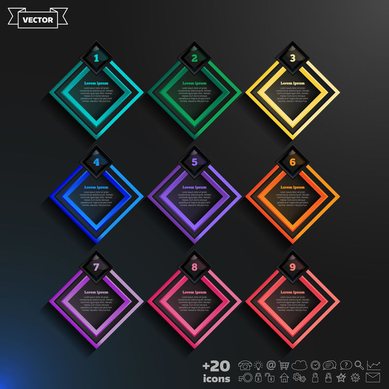 带有彩色菱形的矢量信息图形设计列表。