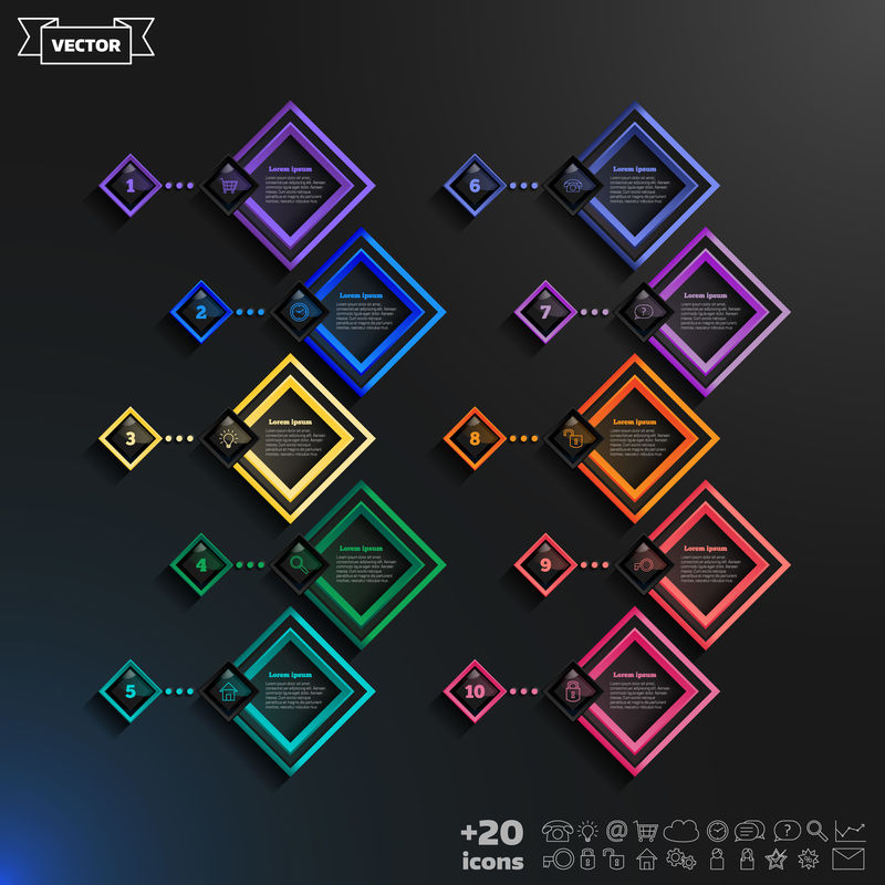 带有彩色菱形的矢量信息图形设计列表。