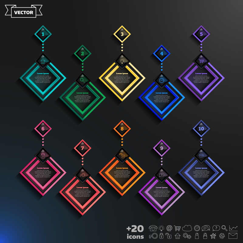 带有彩色菱形的矢量信息图形设计列表。