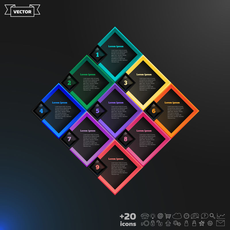 带有彩色菱形的矢量信息图形设计列表。