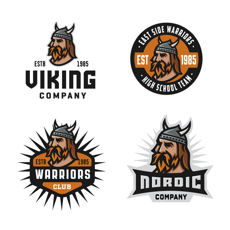 一套坚固、醒目、坚固、干净的徽章和标志-收集原始有效的强大的徽章-维京勇士头像-代表力量-力量-重力-北方-世界的概念