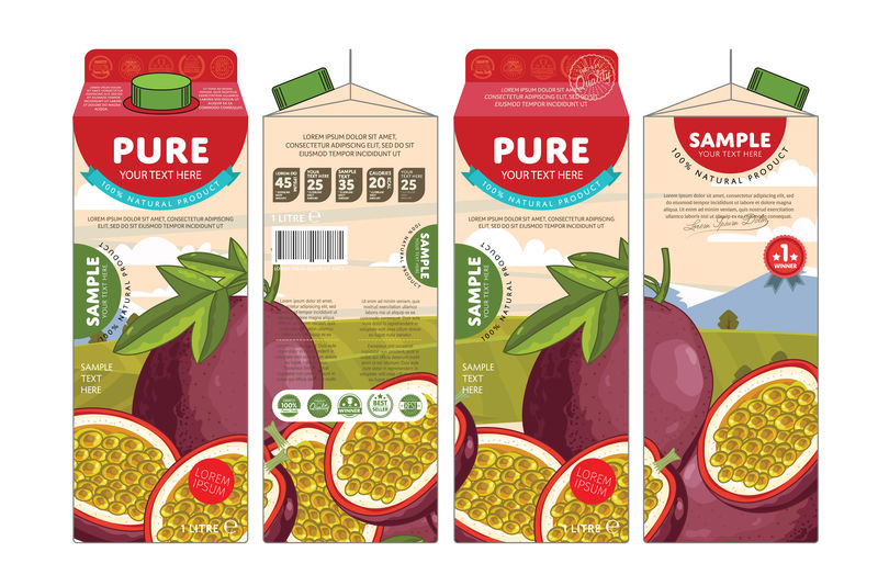 激情果汁模板包装设计矢量图-白色背景下的西番莲果汁包装布局
