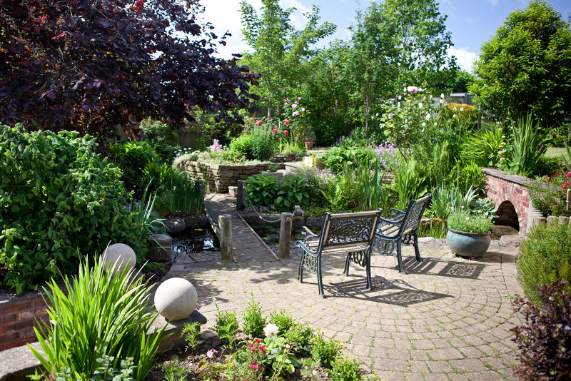 美丽的花园，有树木，池塘，池塘上的桥