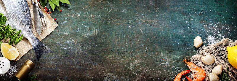 海鲜和葡萄酒的食物背景