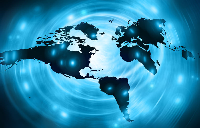 科技背景下的世界地图-互联网、广播、电视、移动和卫星通信的发光线符号