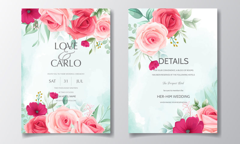一套带有水彩花卉装饰的婚礼请柬模板