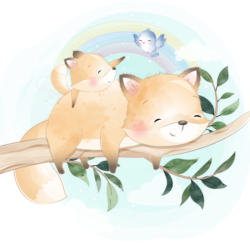 可爱的小狐狸与花蝴蝶水彩插图