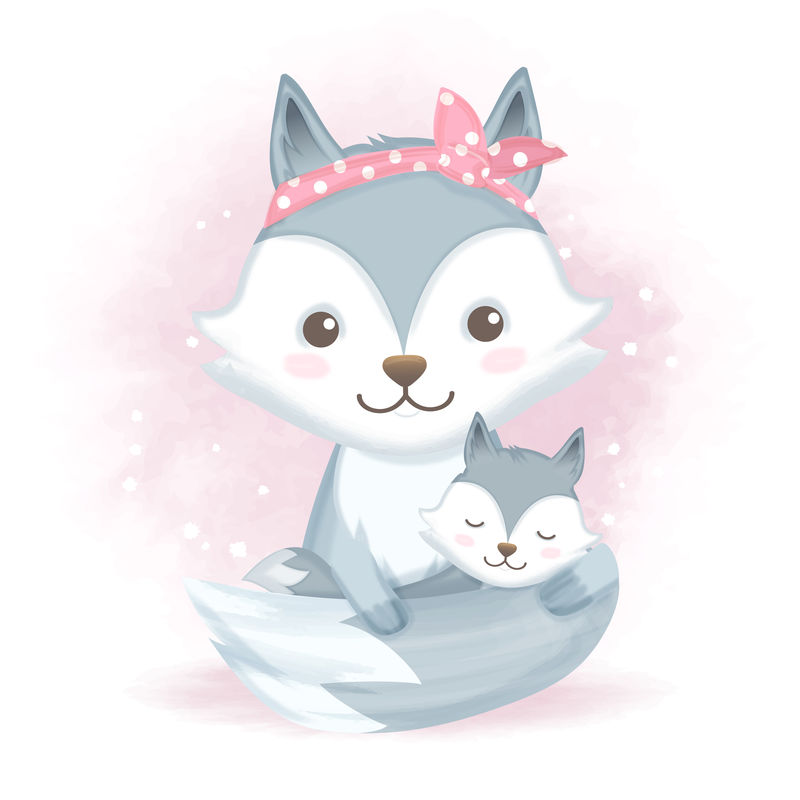 可爱的小狐狸和妈妈手绘卡通动物插图素材 高清图片 摄影照片 寻图免费打包下载