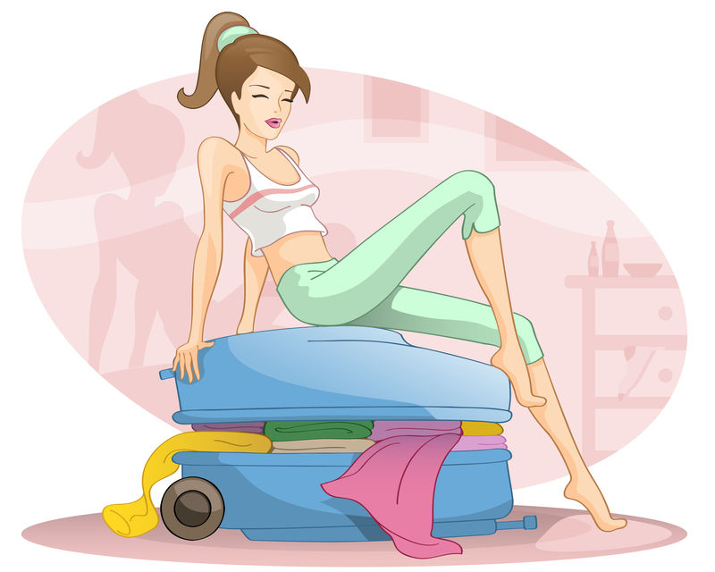 坐在手提箱上的黑发女孩