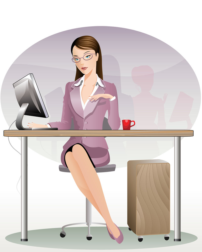 办公用台式电脑的女商人-矢量图解