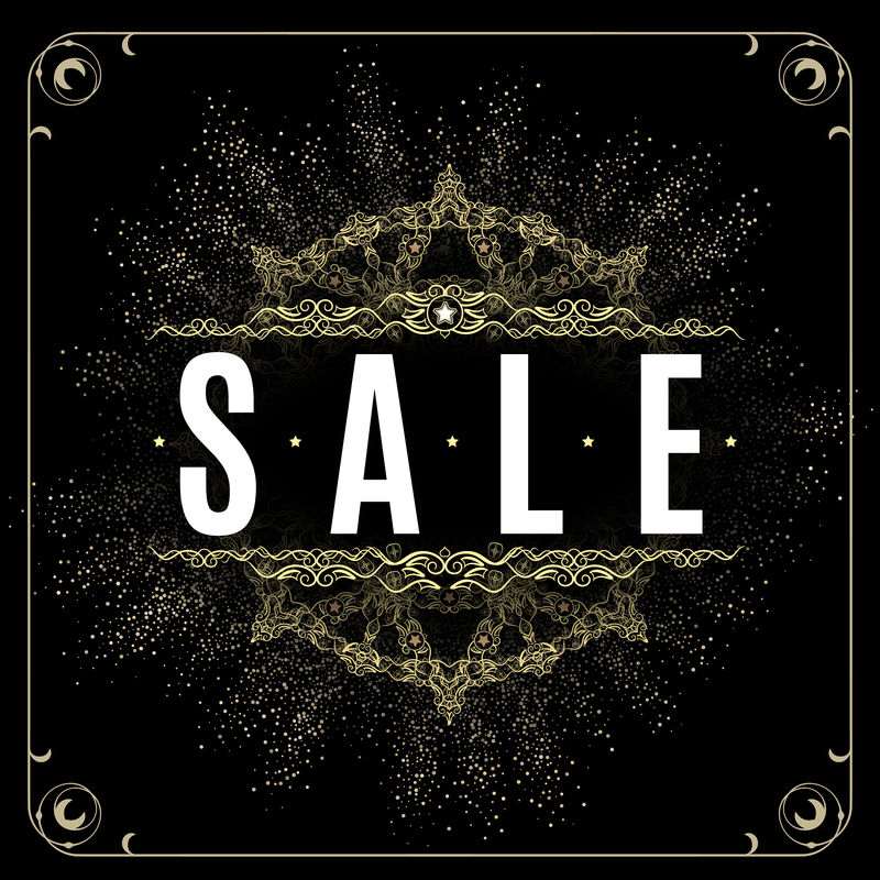 框架中的黄金销售背景。传单、海报、购物、待售标志、折扣、营销、销售、横幅、网页、标题的黄金销售背景。文本、类型、引用的抽象金色背景。