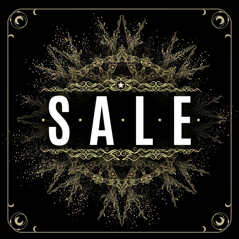 框架中的黄金销售背景。传单、海报、购物、待售标志、折扣、营销、销售、横幅、网页、标题的黄金销售背景。文本、类型、引用的抽象金色背景。