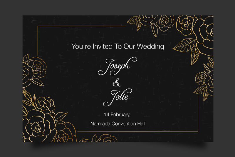 婚礼请柬设计模板-深蓝色背景上的金色花朵和文本布局示例-矢量贺卡-保存日期-小册子设计-可扩展至5x7英寸