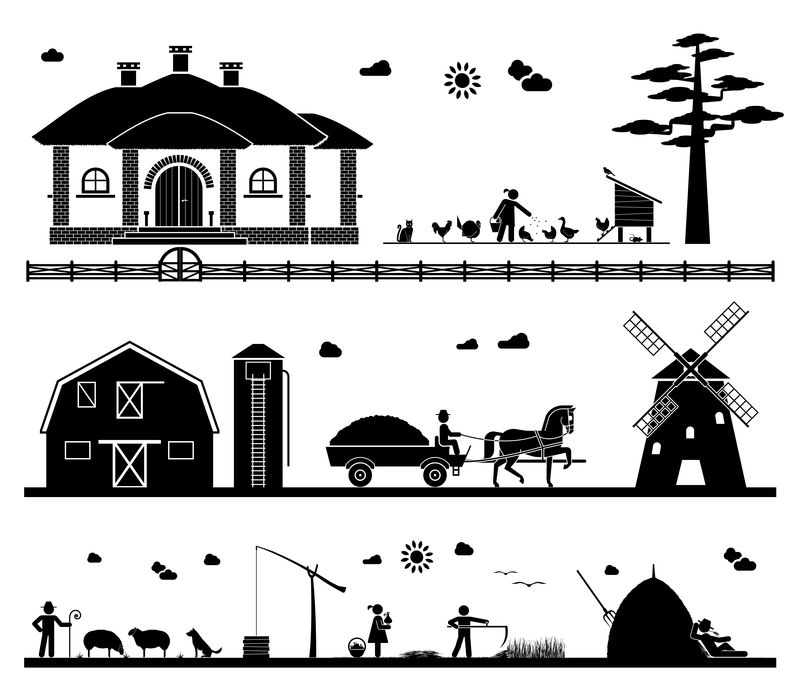 一组表示农场各种工作的象形图标。