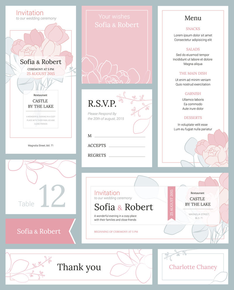 现代婚礼用的一套印有花卉图案的印刷材料