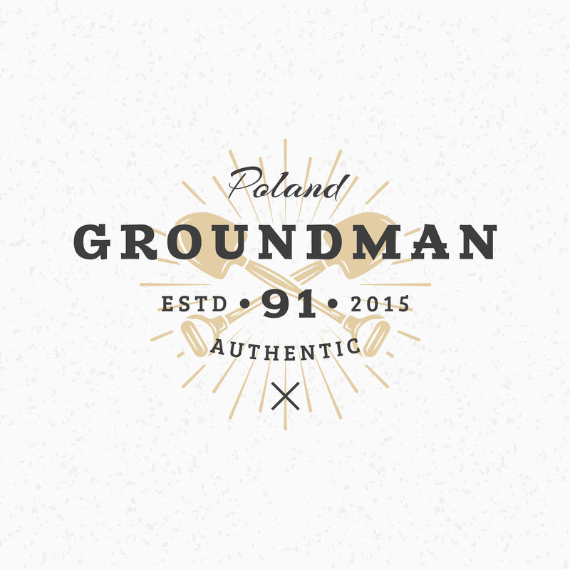 交叉铲子。复古设计元素的标志，徽章，徽章，标签。商业标志模板。纹理背景