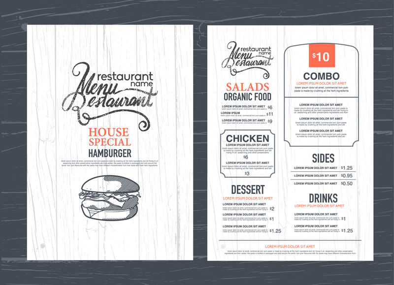 复古餐厅菜单设计和木材纹理背景。