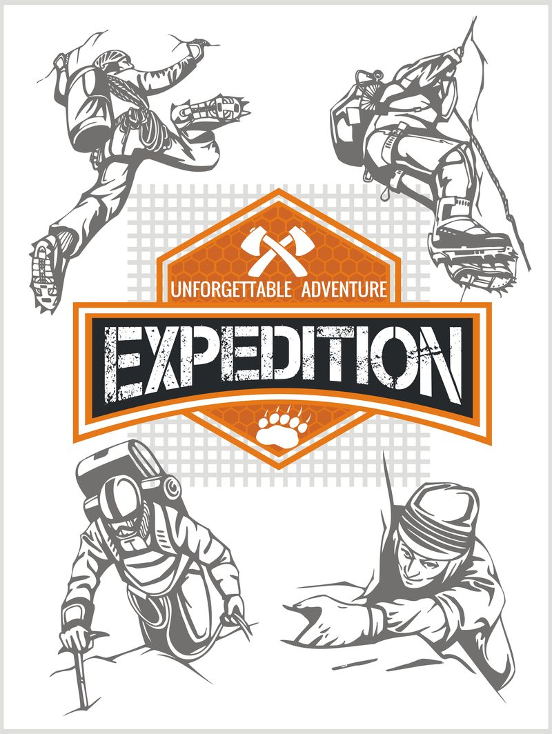 攀岩探险。矢量集-探险标志和登山者。