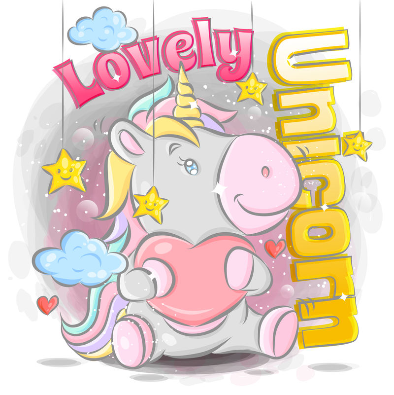 可爱的独角兽抱着炉边的形状，星空和云彩