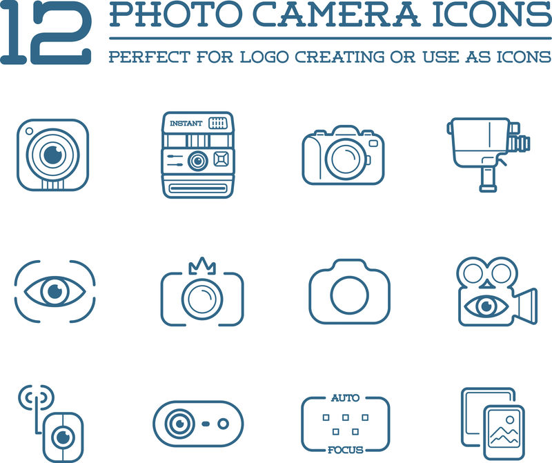 一组矢量照片或相机元素和摄像机标志插图可以用作高品质的徽标或图标