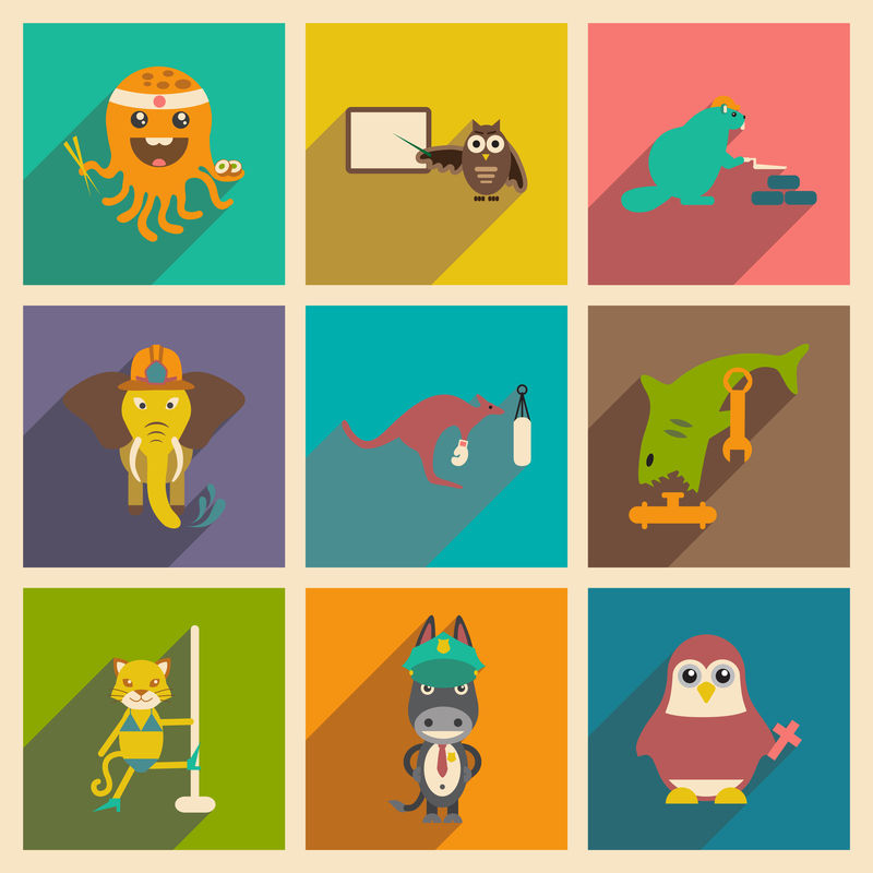 带长阴影动物的平面图标集