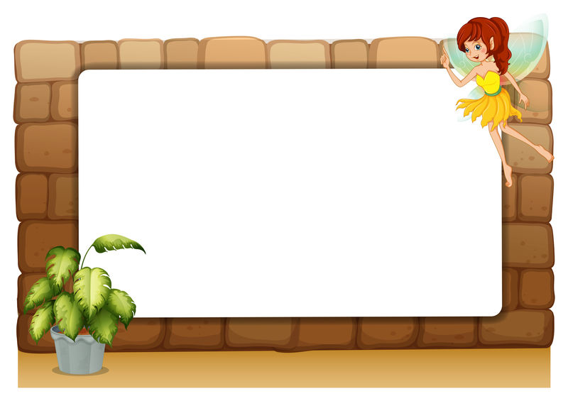 墙上的空白板，上面有仙女和一盆植物