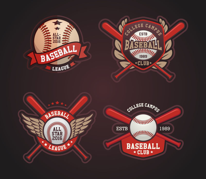 棒球矢量-棒球徽章集-带球和棒球棒的运动模板