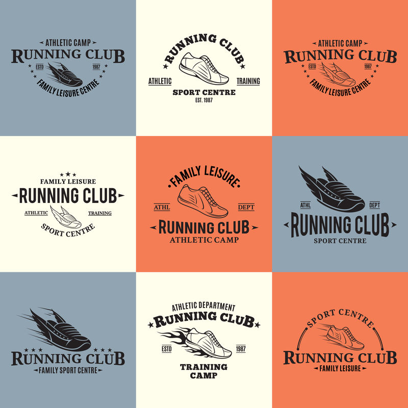 跑步俱乐部标志、标签模板和徽章