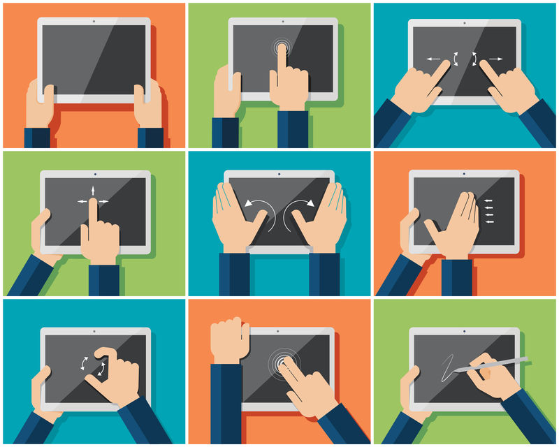 一组显示常用多点触控手势的扁平手形图标