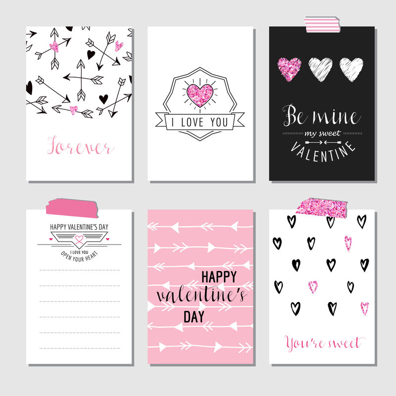 一套粉色闪光的爱情卡片-婚礼，情人节，