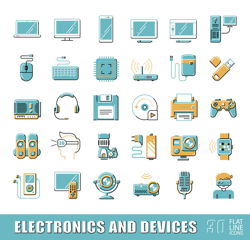 电子设备图标集。矢量图示