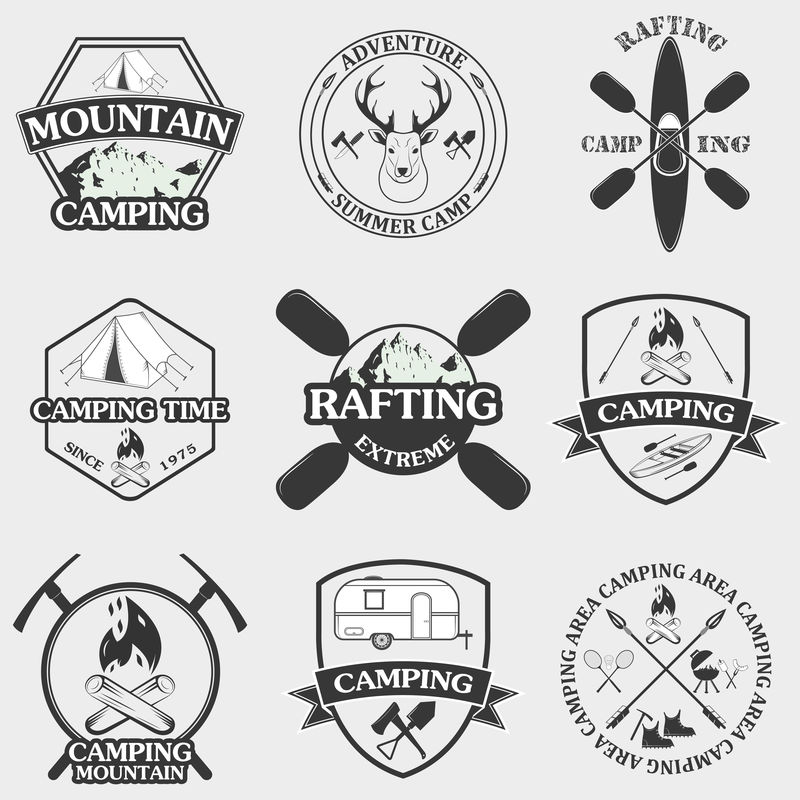 一套野营设备的符号和图标。