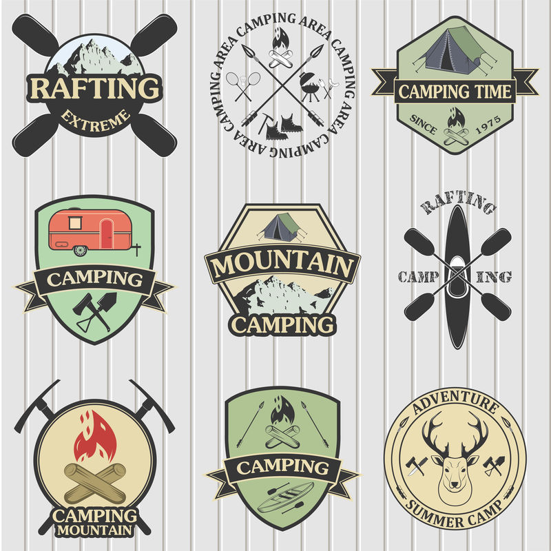 一套野营设备的符号和图标。