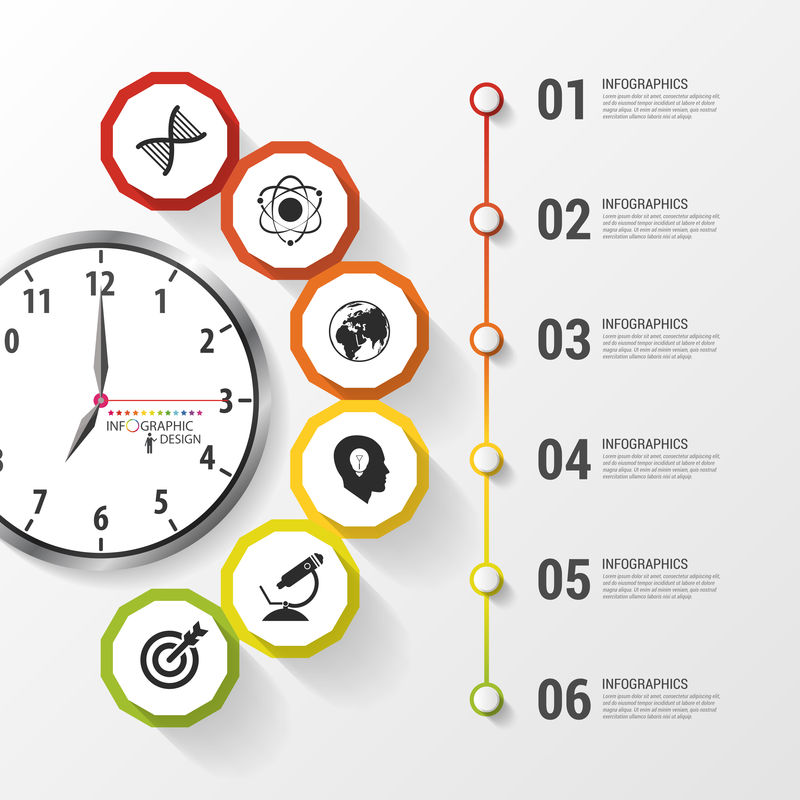 信息图表-商业时钟-带图标的彩色圆圈-矢量图示